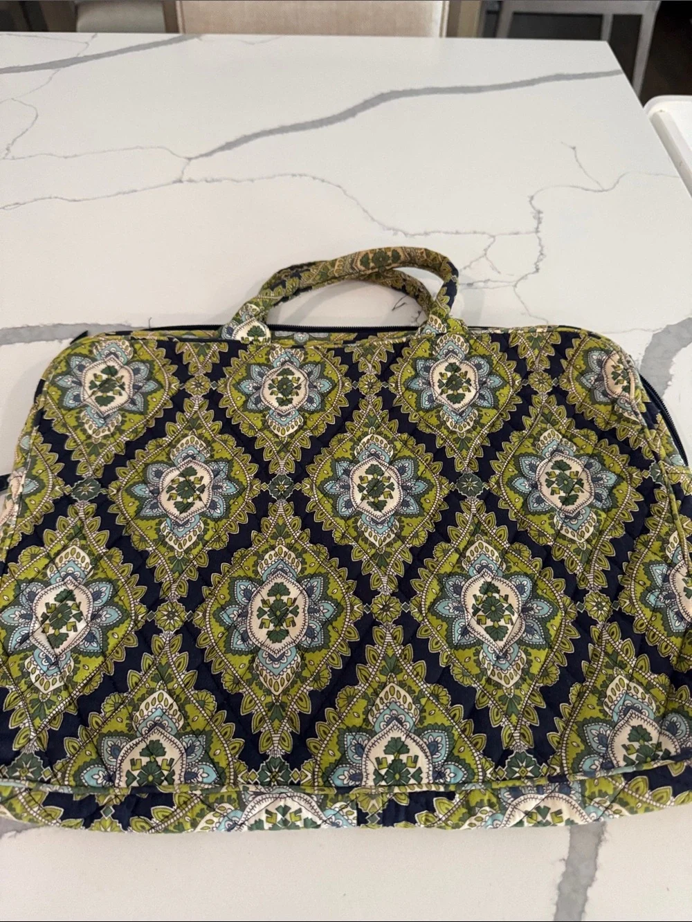 Vera Bradley Olive Green Quilted Laptop Tote with Navy Pattern